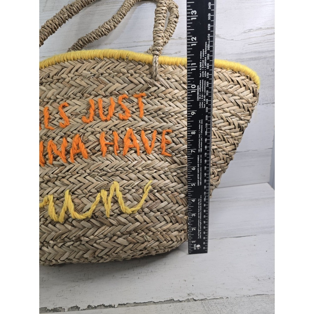 Girls Just Wanna Have Sun Straw Woven Tote Beach Market Bag Yellow Orange Trim - Picture 2 of 6